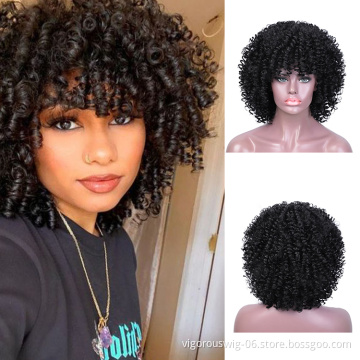 Vigorous Afro Kinky Curly Wigs with Bangs Short Fiber Black Curly Heat Resistant Synthetic hair Wigs for Black Women